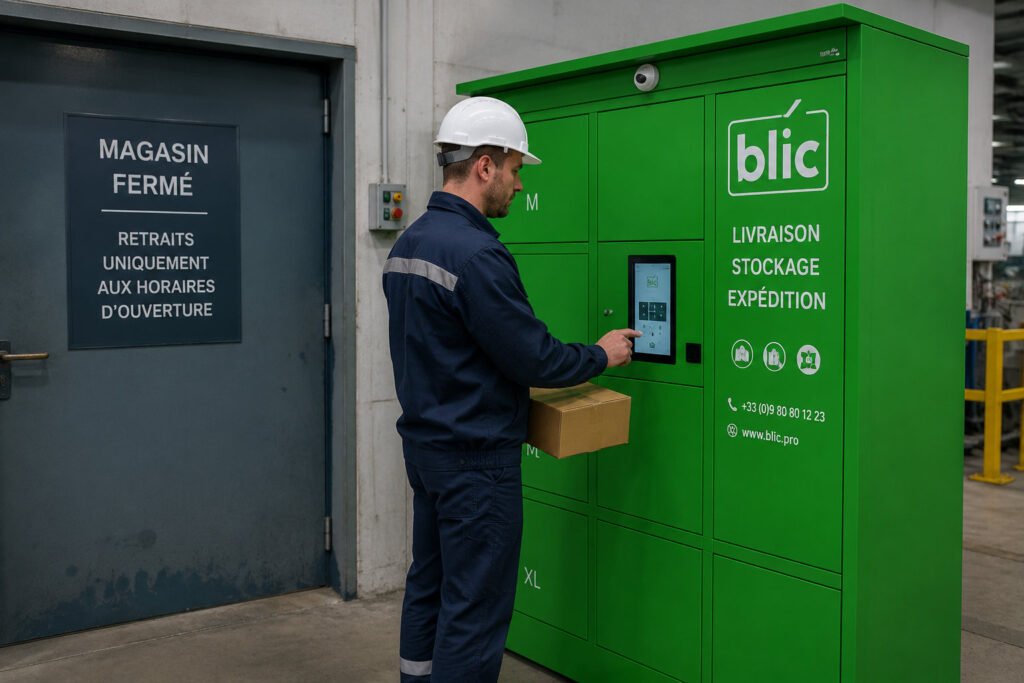 Opérateur utilisant un smart locker BLIC pour le dépôt sécurisé de colis en entrepôt industriel